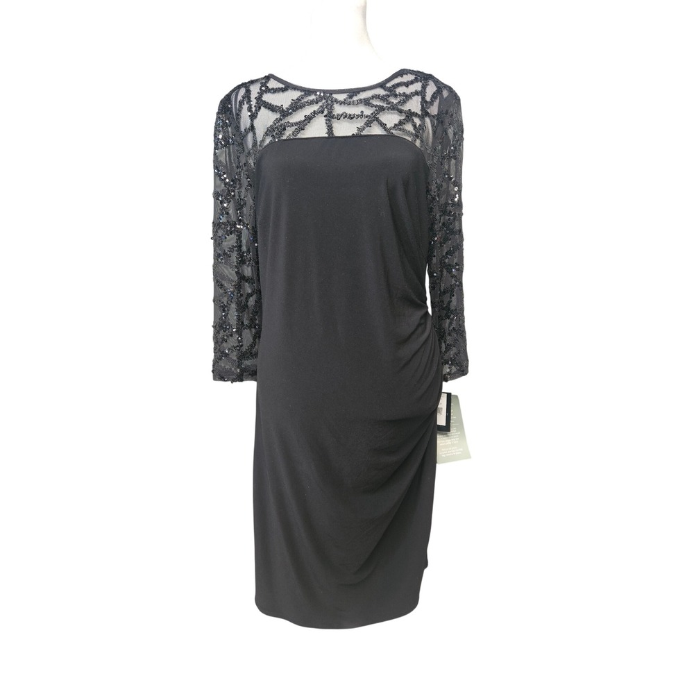 Brianna Milay Black Sequin Mesh Sheath Dress Ruched Side Long Sleeve Size 10 NEW